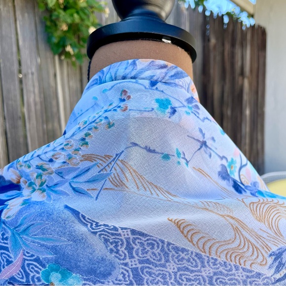 Floral Botanical Chiffon Shawl Wrap Ruffled Edge Sheer Blue/Pink/Copper - Picture 4 of 14